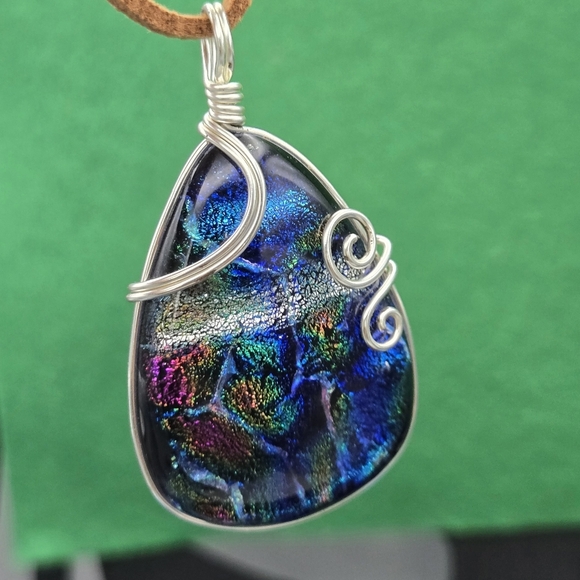 Rainbow Dichroic Glass Wire-Wrapped Pendant Necklace - Picture 1 of 6